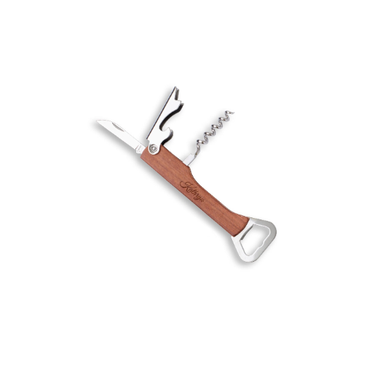 A personalized stainless steel wine bottle opener multi-tool with a wooden handle, featuring a corkscrew, bottle opener, and folding knife.
